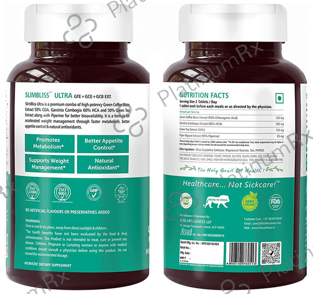 Bliss Welness Weight Management Green Tea + Garcinia Cambogia + Green Coffee Bean Extract Veg Tablet