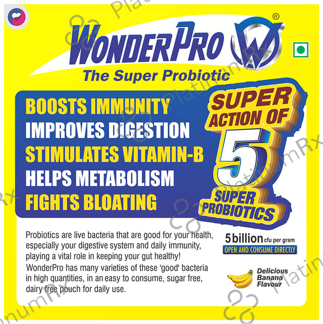 WonderPro The Super Probiotic Sachet (5 Billion CFU) - For Gut Health, Digestion & Immunity - Flavour Delicious Banana Sugar Free