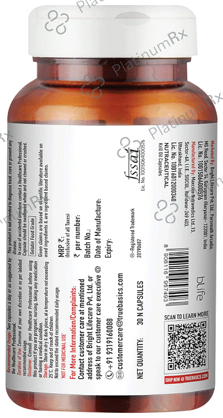 TrueBasics Heart Omega 3 Krill Oil for Reducing Triglycerides & Cholesterol - Soft Gelatin Capsule