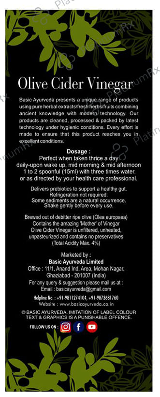 Basic Ayurveda Olive Cider Vinegar with the Mother - Unfiltered & Unpasteurized 1 Ltr