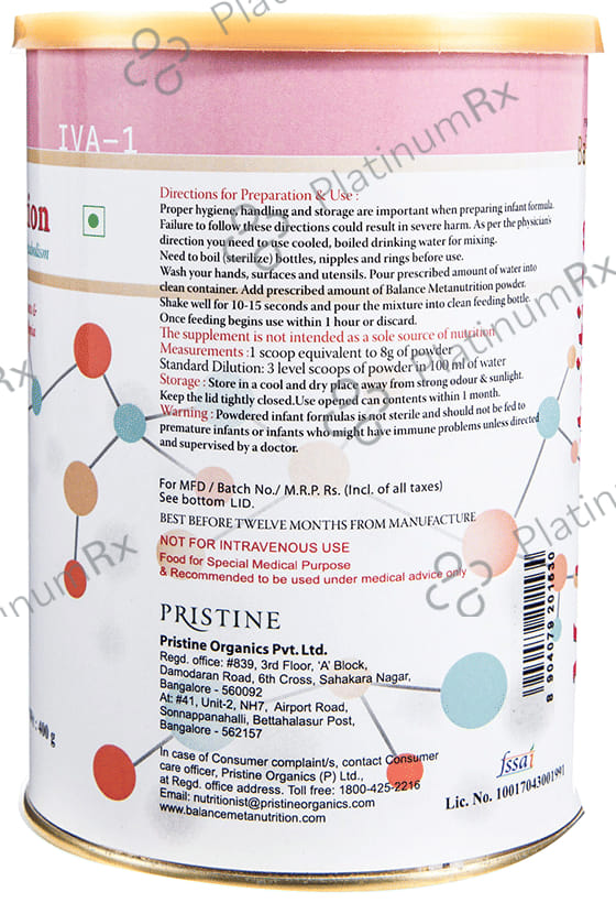 Pristine Balance Metanutrition IVA 1 Powder (Upto 3 Years) for Metabolism - Flavour Vanilla