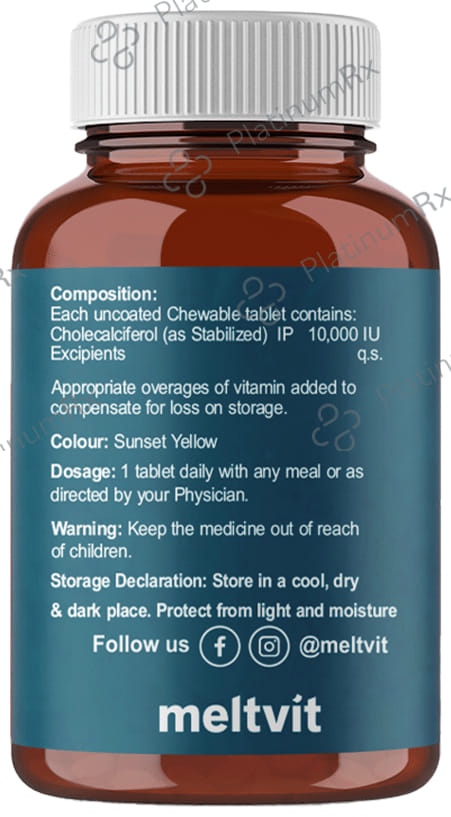 Meltvit Vitamin D3 Cholecalciferol 10000IU for Immunity, Bones, Joints, Muscles & Teeth - Flavour Chewable Tablet Orange