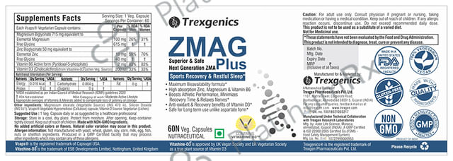 Trexgenics ZMAG Plus - With Zinc, Magnesium & Vitamin B6 - Veg Capsules for Sports Recovery & Restful Sleep