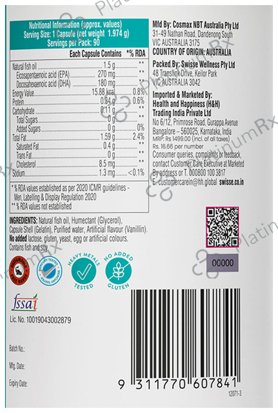 Swisse Ultiboost Odourless High Strength Wild Fish Oil Capsule with 1500mg Omega 3 - For Heart, Brain, Eye & Joint Health 90 capsules