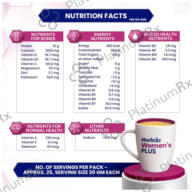 Horlicks Women's Plus with Calcium, Vitamin D & K2 for Strong Bones - Flavour Caramel 750 gm