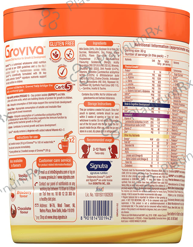 Groviva Child Nutrition for Physical Growth, Brain Development & Immunity Flavour Mango Powder 200gm