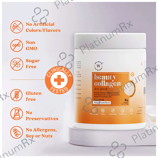 Wellbeing Nutrition Beauty Collagen Type I & III for Skin, Nails, Hair & Anti-Ageing Support Mango Peach