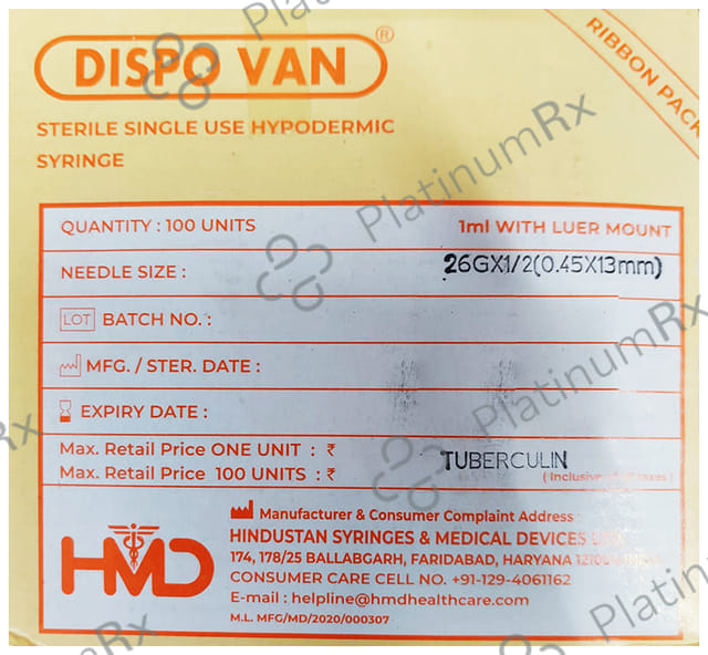 Dispovan 1ml Syringe with 26G Needle 100s
