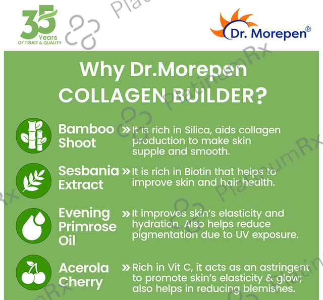 Dr. Morepen Natural Collagen Builder with Biotin & Vitamin C - For Skin, Hair, Nails - Flavour Orange & Berry