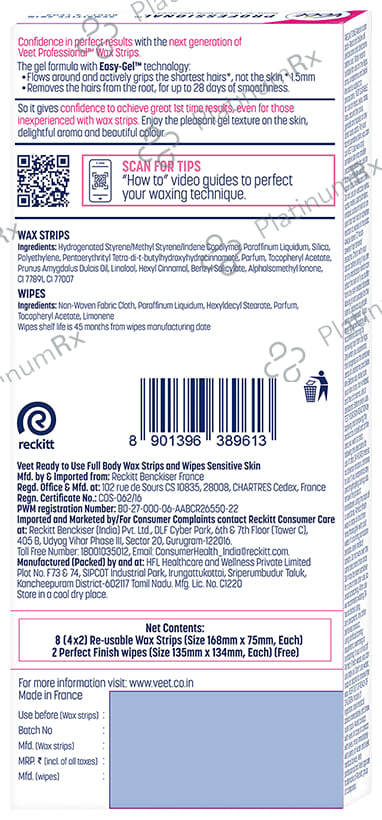 Veet Professional Waxing Strips Kit for Dry Skin, 8 Strips - Gel Wax Hair Removal for Women - Up to 28 Days of Smoothness - No Wax Heater or Wax Beans Required for Sensitive Skin