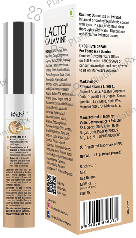 Piramal Lacto Calamine Under Eye Cream for Dark Circles & Fine Lines