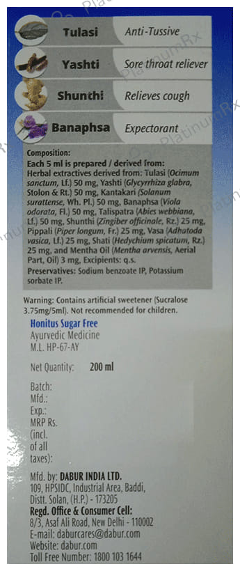 Dabur Sugar Free Honitus Honey Based Cough Syrup 200ml
