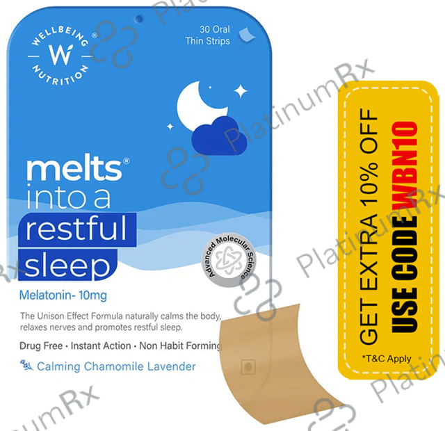 Wellbeing Nutrition Melts into a Restful Sleep Melatonin 10mg Oral Thin Strip Calming Chamomile Lavender