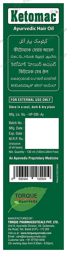 Ketomac Ayurvedic Hair Oil (130ml Each) 1 Bottle