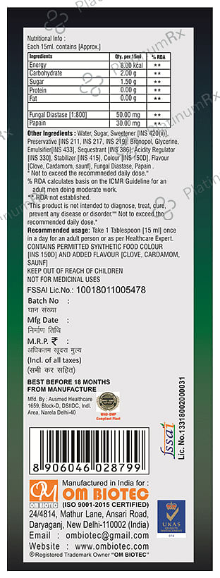 Om Biotec Asmozyme Digestive Enzyme Syrup