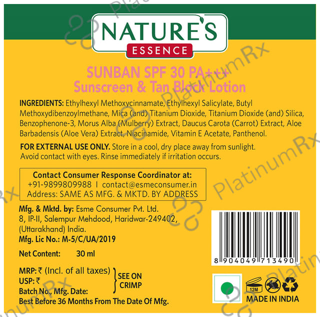 Nature's Essence Sunban Sunscreen & Tan Block SPF 30 PA+++ Lotion 30 ml