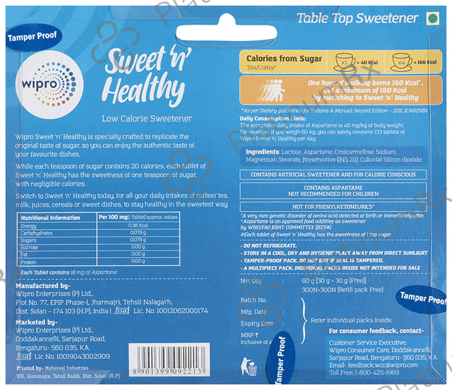 Wipro Sweet n Healthy Aspartame 300 Tablets with Free 300 Tablets Refill Pack