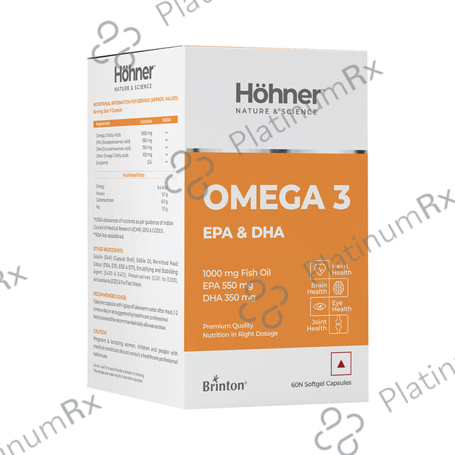 Hohner Omega 3 with EPA & DHA Fish Oil 1000 mg - Softgel Capsule for Brain, Heart, Eye & Joint Health