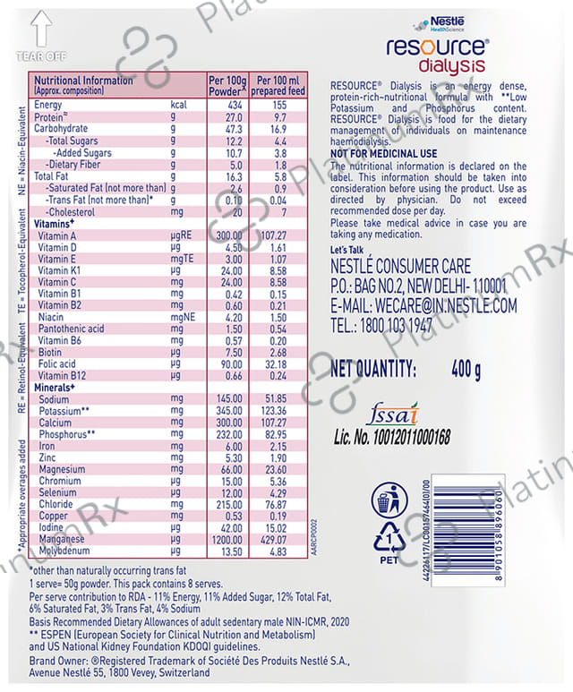 Nestle Health Science Resource Dialysis Supplement with Protein, Low GI & Electrolytes - Flavour Powder Vanilla