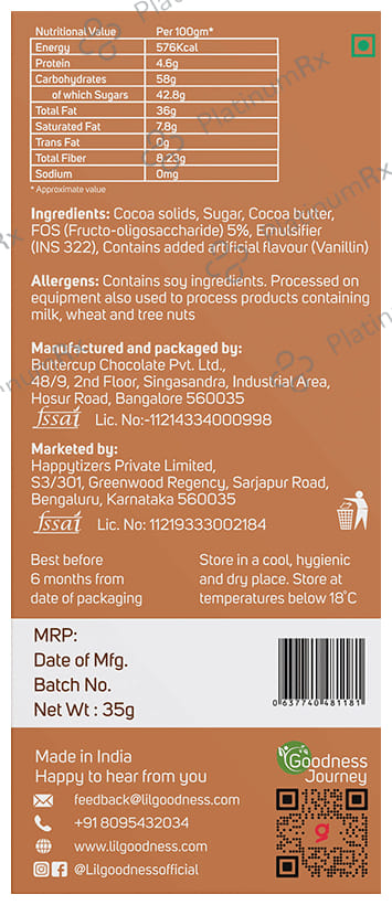 Lil Goodness Prebiotic Chocolate Dark 56% Cocoa 35 gm