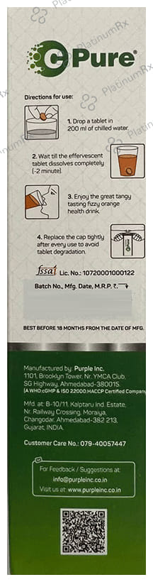 C Pure Natural Vitamin C with Zinc Effervescent Tablet Fizzy Orange 20s