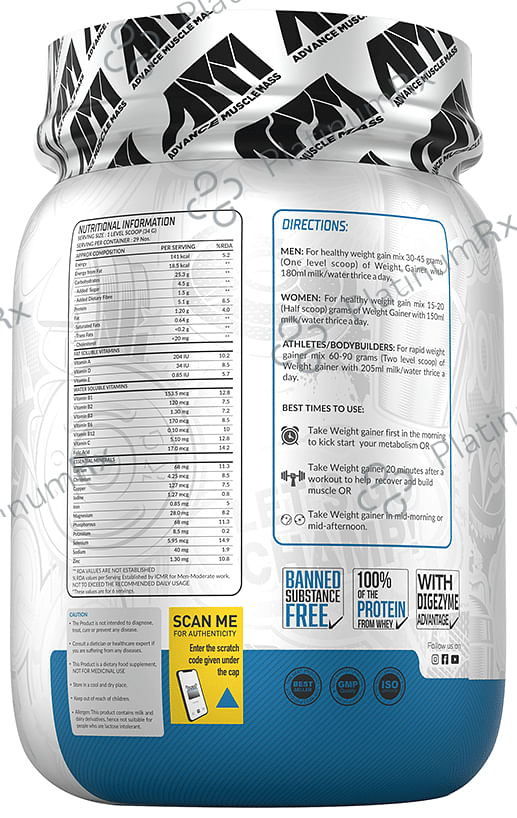 Advance MuscleMass Weight Gainer Powder Vanilla Cream with Shaker 700ml 1 kg