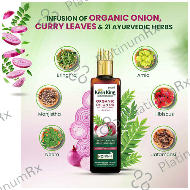 Kesh King Organic Onion Oil with Curry Leaves Reduces Hair Fall - Infused with 21 Ayurvedic Herbs 100 ml