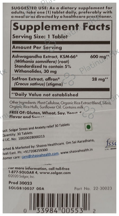 Solgar Ashwagandha & Saffron Stress & Anxiety Relief Tablet