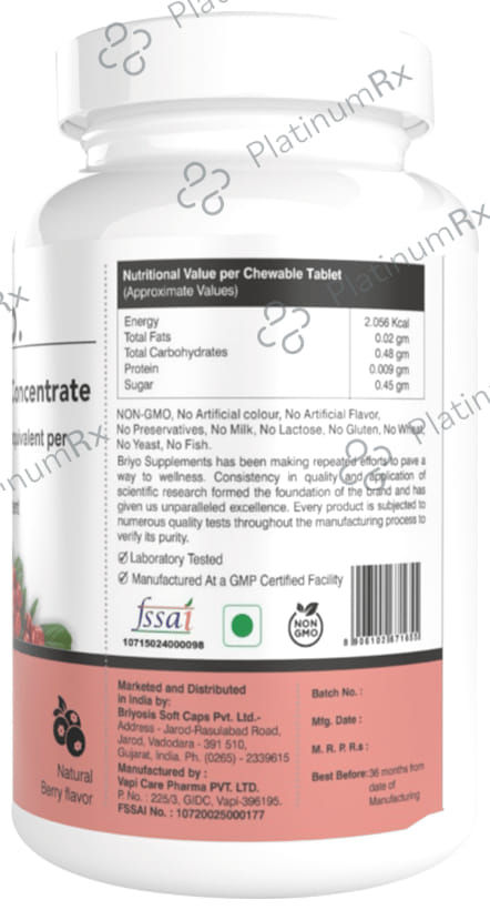 Briyo Cranberry Concentrate Chewable Tablet (Equivalent To 2000 Mg Cranberry Fruit) Natural Berry