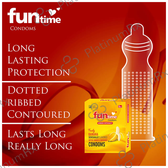 Funtime Dotted Ribbed & Contoured Fruity Banana Flavour Condom 3s
