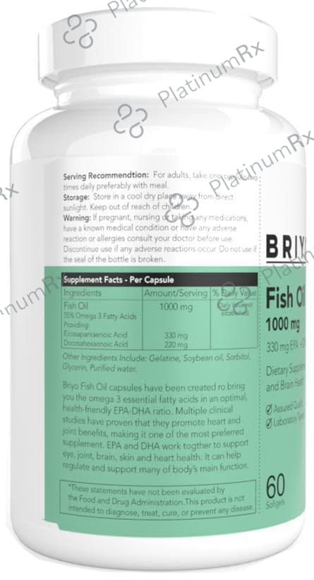 Briyo Fish Oil 1000mg, 330mg EPA 22mg DHA Softgel for Heart and Brain Health