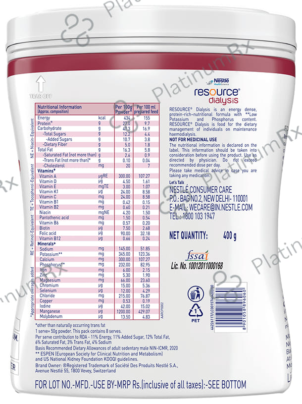 Nestle Health Science Resource Dialysis Supplement with Protein, Low GI & Electrolytes - Flavour Powder Vanilla