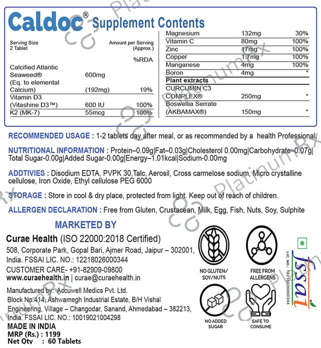 Curae Health & Lifestyle Caldoc Plant Calcium Vitamin D3 Tablet 60s