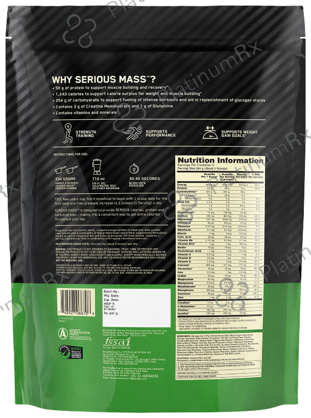 Optimum Nutrition (ON) Serious Mass High Protein for Weight Gain & Muscle Building - Flavour Powder Vanilla 1 kg