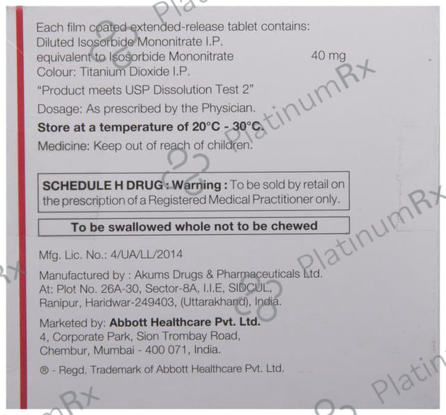 Ismo Retard 40mg Tablet ER 7s