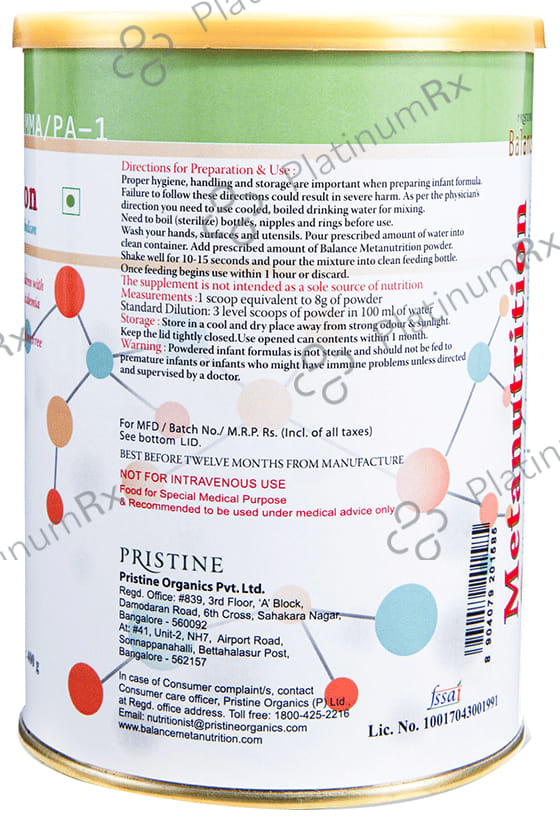 Pristine Balance Metanutrition MMA/PA 1 (Upto 3 Years) for Metabolism - Flavour Powder Vanilla