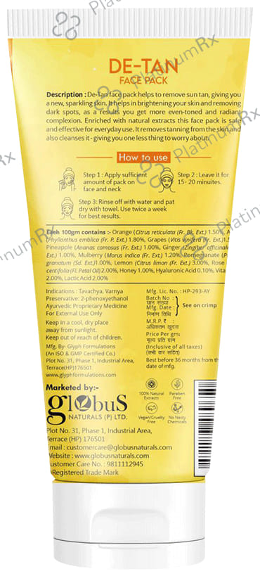 Globus Naturals De-Tan Face Pack(100gm Each) 1 Tube