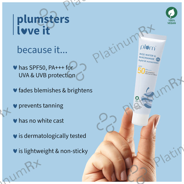 Plum 2% Niacinamide & Rice Water Hybrid Face Sunscreen SPF 50 PA+++ Cream 15 gm