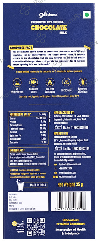 Lil Goodness Prebiotic Chocolate Milk 45% Cocoa with Turmeric Bar 35gm