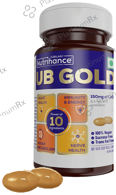 Jubilant Nutrihance UB Gold 150mg of CoQ10 with ALA & Vitamin D3 - Veg Softgel for Heart & Nerve Health 60 Soft Gelatin Capsule