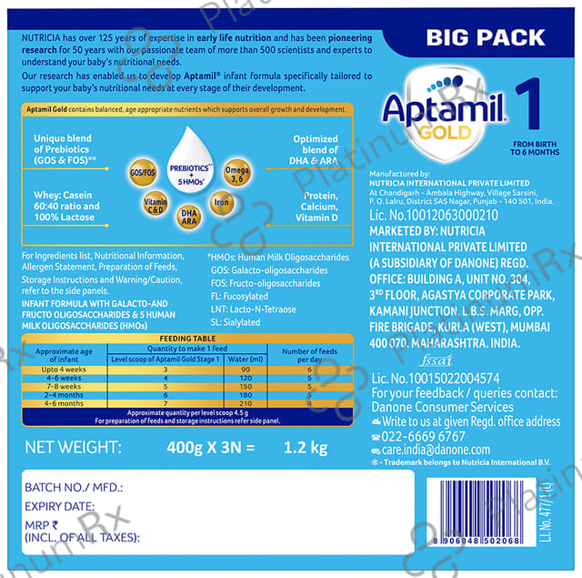 Aptamil Gold Stage 1 from Birth to 6 Months Infant Formula with Prebiotic Powder 1.2kg