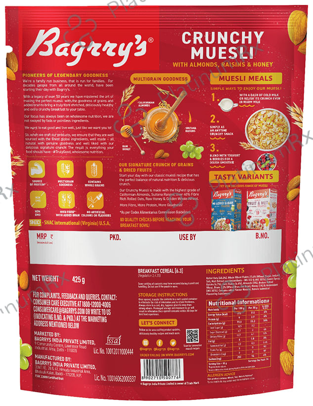 Bagrry's Crunchy Muesli with Almonds, Raisins & Honey 425 gm