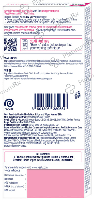 Veet Professional Waxing Strips Kit for Dry Skin, 8 Strips - Gel Wax Hair Removal for Women - Up to 28 Days of Smoothness - No Wax Heater or Wax Beans Required for Normal Skin