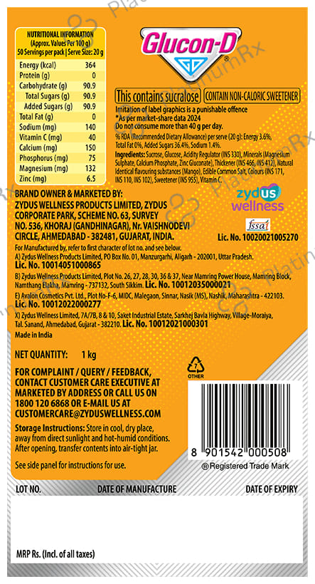 Glucon-D with Glucose, Calcium, Vitamin C & Sucrose - Flavour Mango Blast Powder