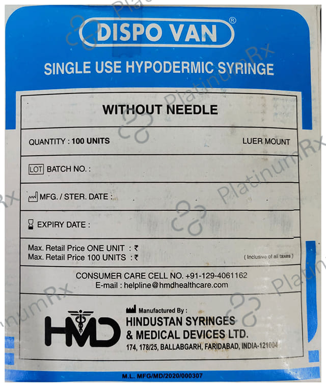 Dispovan Syringe Without Needle 5ml x 100