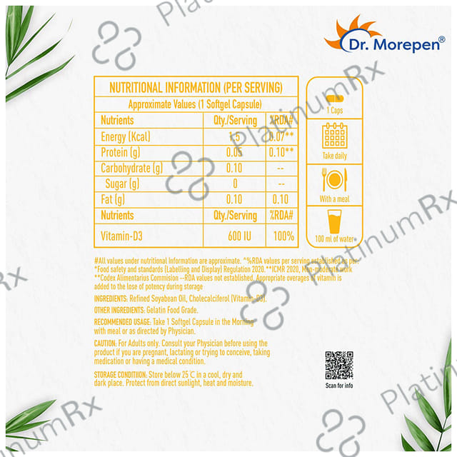 Dr. Morepen Vitamin-D3 600 IU - Softgel Capsule for Bones, Heart & Immunity