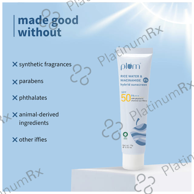 Plum 2% Niacinamide & Rice Water Hybrid Face Sunscreen SPF 50 PA+++ Cream 15 gm
