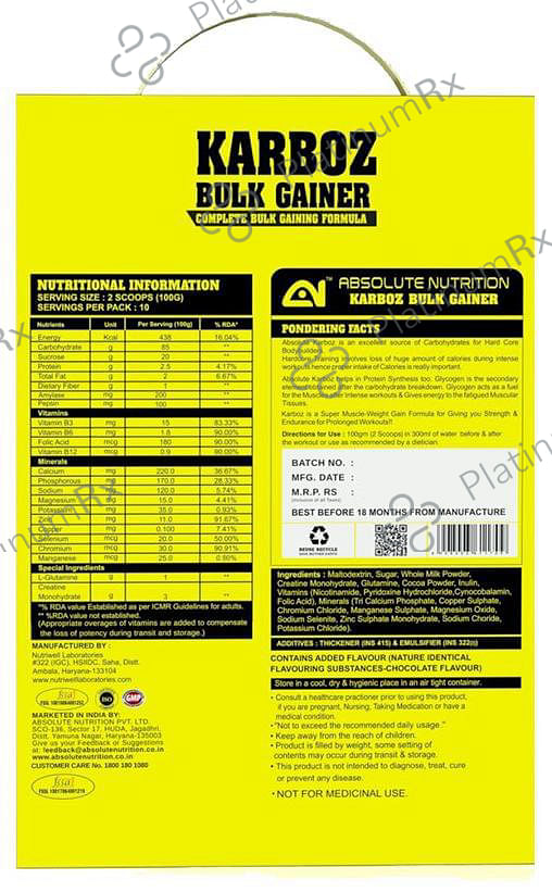 Absolute Nutrition Karboz Bulk Gainer Chocolate 1 kg