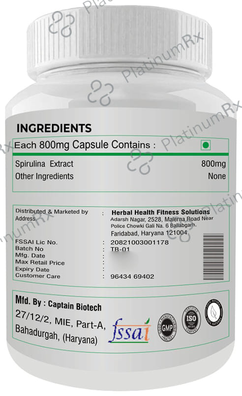 Fitness Prime Maximum Strength Spirulina Nutritional Wellness Support 800mg Capsule