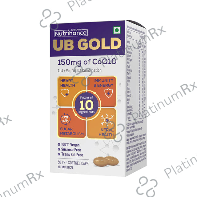 Jubilant Nutrihance UB Gold 150mg of CoQ10 with ALA & Vitamin D3 - Veg Softgel for Heart & Nerve Health 30 Soft Gelatin Capsule